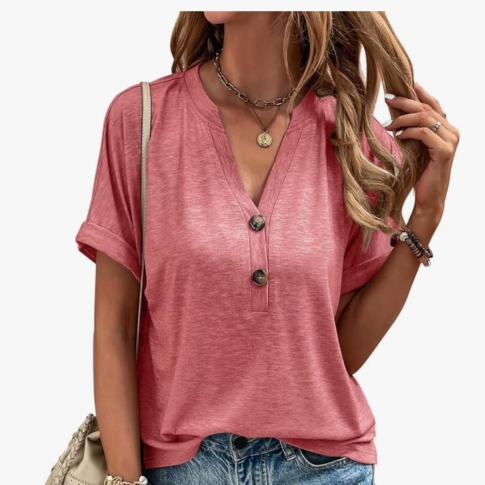 EADINVE Womens Tshirts V Neck Short Sleeve Buttons Tops Tee